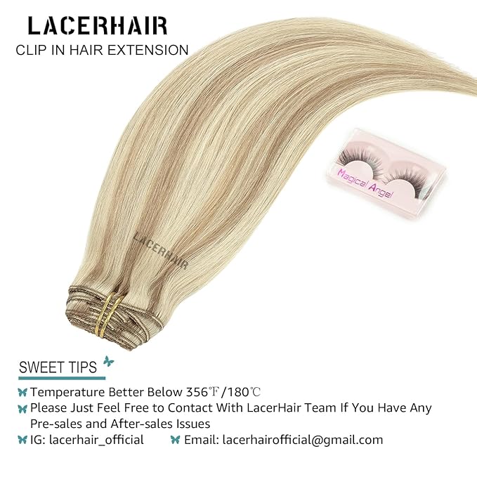 Lacer Hair Clip In Hair Extensions Human Virgin Hair Thick Weft Light Brown And Platinum Blonde Highlights Color Metal Clip Salon Quality Straight Clip In Hair Extension 7 Pieces 140 Gram 22 Inch
