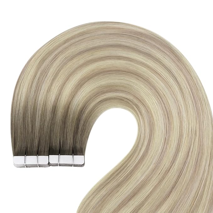 YoungSee Tape on Hair Extensions Balayage Ash Blonde Ombre Platinum Blonde Tape in Hair Extensions Real Human Hair Balayage Tape Real Hair Extensions Balayage Tape in Hair Extensions 18In 50g 20pcs