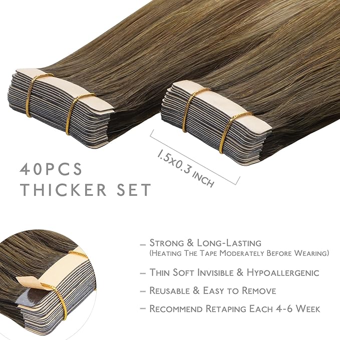 WENNALIFE Tape in Hair Extensions Human Hair, 40pcs 100g 14 inch Ombre Walnut Brown to Ash Brown and Bleach Blonde Hair Extensions Real Human Hair Straight Tape in Extensions Real Human Hair Extension