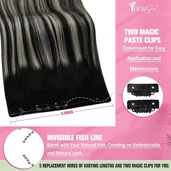 YoungSee Wire Hair Extensions Real Human Hair Ombre Secret Wire Human Hair Extensions Blend of Black and Silver with Black Roots Natural Hair Extensions Human Hair Silky Smooth Hair Extension 14In 80G