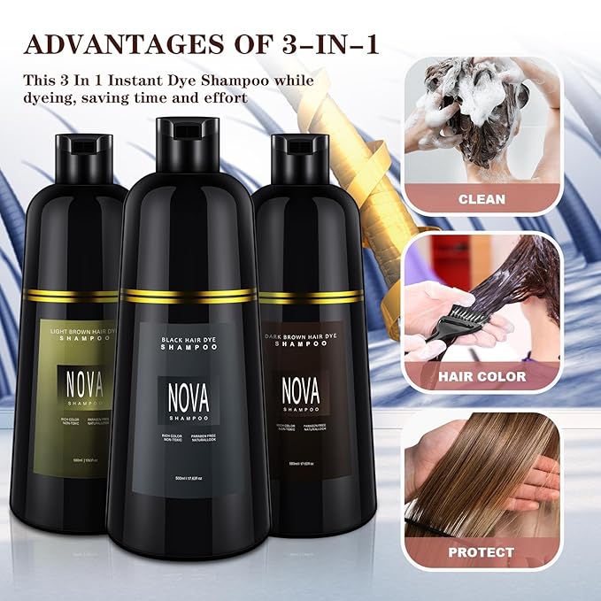 Hair Dye Shampoo & Champu Para Canas - Natural 3-in-1 Instant Gray Coverage for Men & Women (Black-500ml)