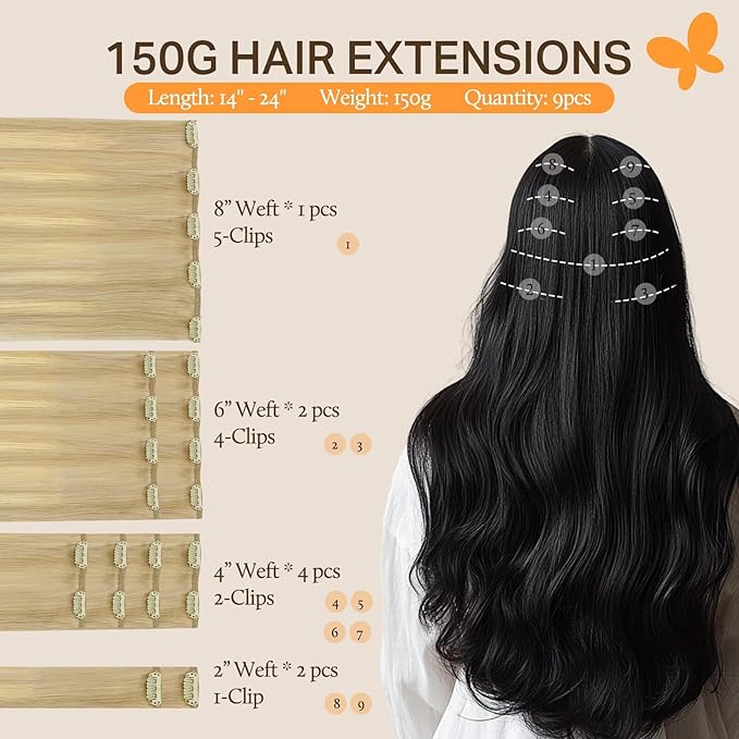 DOORES Clip in Hair Extensions Human Hair, Dirty Blonde Mixed Platinum Blonde 150g 9pcs 20 Inch, Remy Hair Extensions Clip in Straight Thick