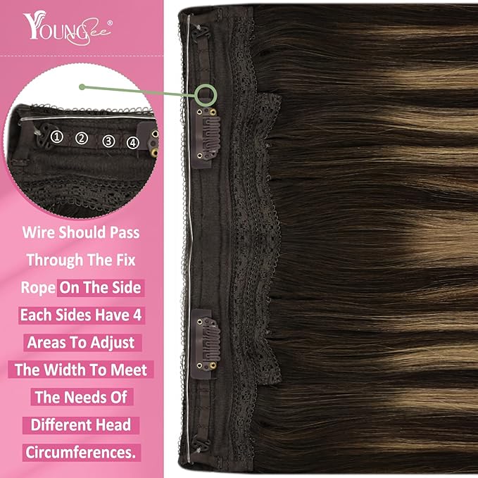 YoungSee 120G Wire Hair Extensions Brown Invisible Wire Human Hair Extensions Dark Brown Fading To Caramel Blonde Mix Brown Balayage Straight Hair Extensions Wire 16Inch