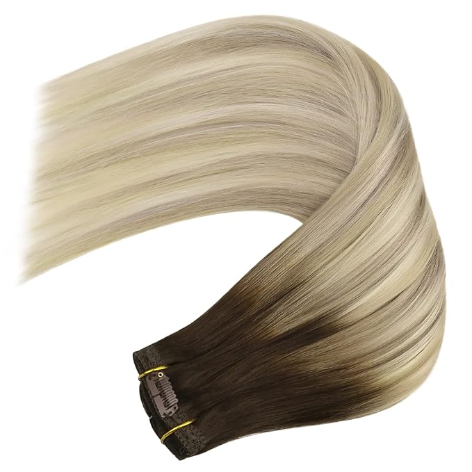 YoungSee Clip on Hair Extensions Ombre Hair Extensions Clip ins Dark Brown Ombre Golden Blonde Mix Platinum Blonde Balayage Soft and Silky Real Human Hair Extensions for Women 120G 20Inch 7Pcs