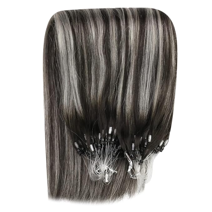 YoungSee Micro Link Hair Extensions Human Hair Ombre Bead Hair Extensions Real Human Hair Ombre Black to Silver Micro Human Hair Extension Soft 18In 50g 50s