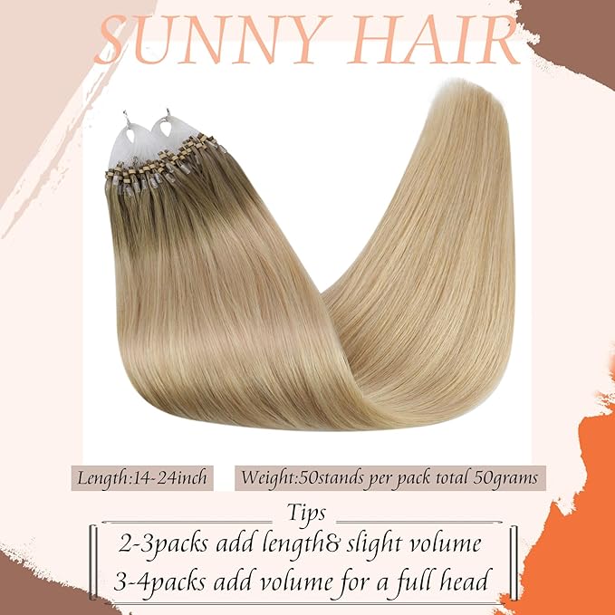 Sunny Hair 22inch Micro Link Hair Extensions Human Hair Soft Micro Bead Hair Extensions Human Hair Sunshine Blonde Micro Ring Ash Blonde Balayage Platinum Blonde with Highlight 50G