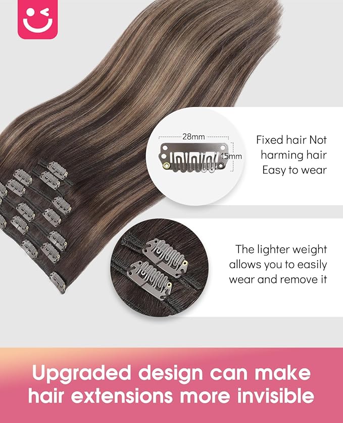 Youngsmile Clip in Hair Extensions Real Human Hair, Human Hair Clip in Extensions, Silky Straight Double Weft, 18 Inch 120 Gram 7 Pcs,Balayage Dark Brown to Chestnut Brown (CLIP#2/6/2-18Inch)