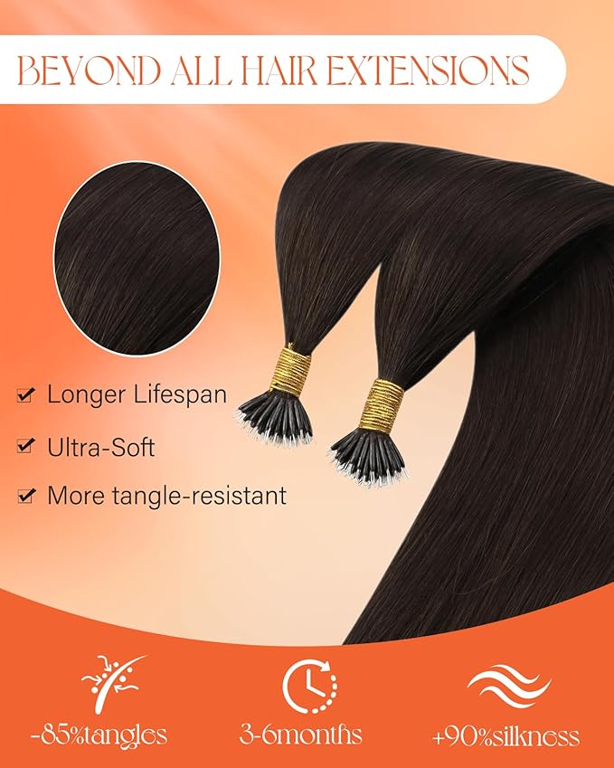 Sunny Hair Nano Extensions Human Hair Darkest Brown Nano Ring Hair Extensions Human Hair 16inch Hair Extensions Nano Bead Natural Looking 50g