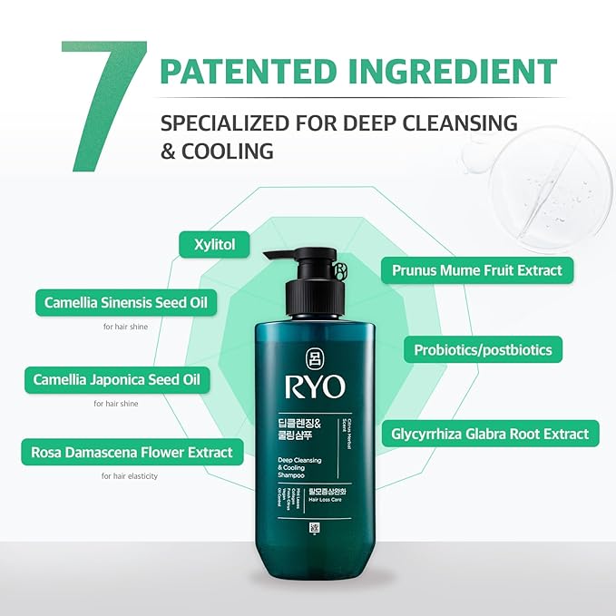 RYO Deep Cleansing Shampoo with Korean Ginseng & Caffeine - Cooling and Refreshing for Oily Scalp, Hair Loss Care, Anti-Dandruff, Sebum Control, 16 Fl Oz.