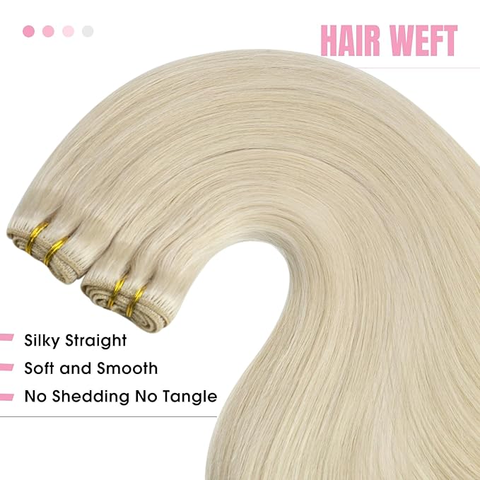 YoungSee Weft Human Hair Extensions Blonde Sew in Real Hair Extensions Platinum Blonde Soft and Silky Sew in Weft Human Hair Extensions 24Inch 100G