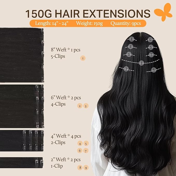DOORES Clip in Hair Extensions, Natural Black 150g 9pcs 22 Inch, Long Remy Human Hair Extensions Thick Straight Weft for Girl