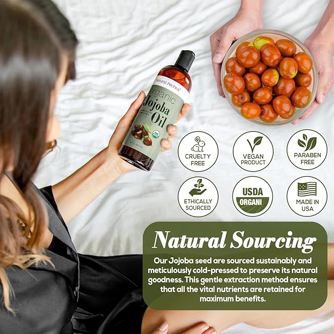 Natural Riches Organic Jojoba Oil, Pure (16 oz) | Moisturizing Oil for Face, Hair, Skin & Nails Cold Pressed Hexane Free Base Carrier oil.