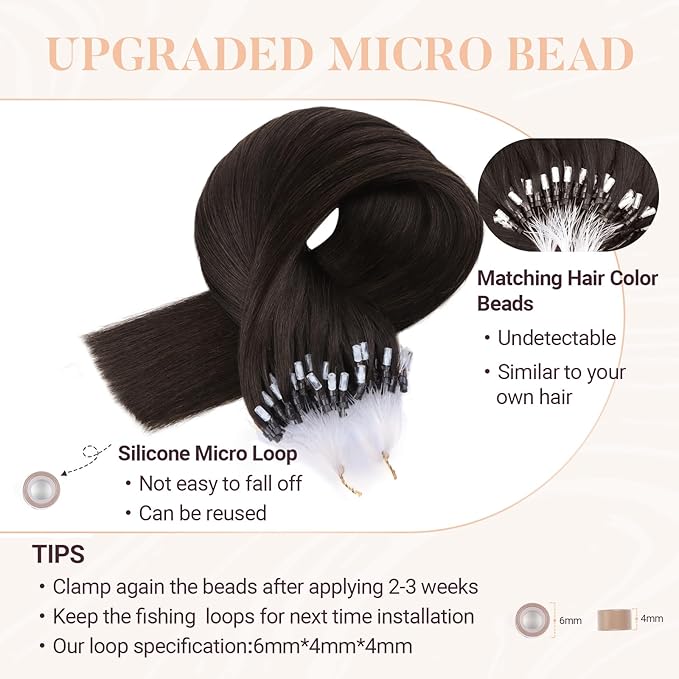 MAXITA Microlink Hair Extensions Human Hair Dark Brown Micro Bead Hair Extensions Virgin Human Hair, 50g/50 Strands/Pack, 22 In