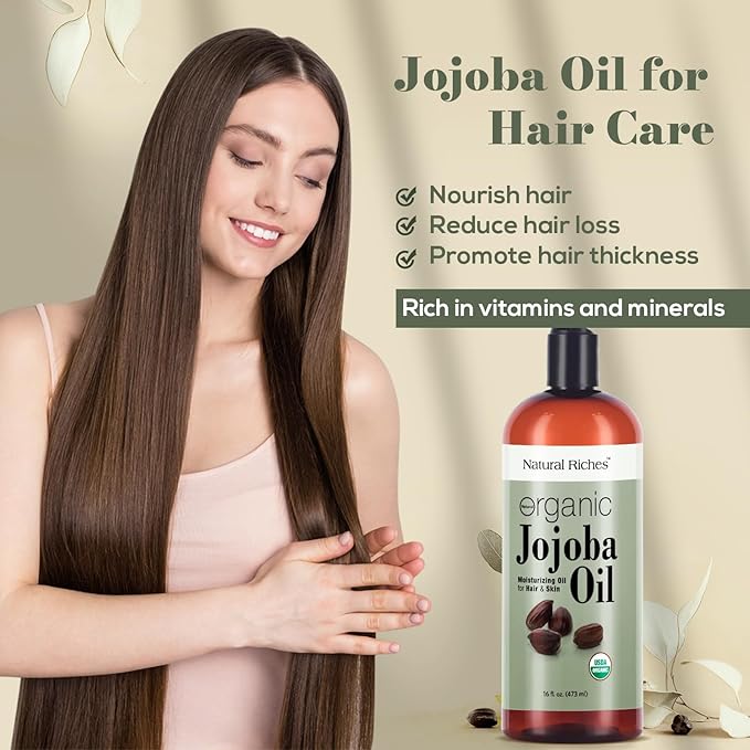 Natural Riches Organic Jojoba Oil, Pure (16 oz) | Moisturizing Oil for Face, Hair, Skin & Nails Cold Pressed Hexane Free Base Carrier oil.