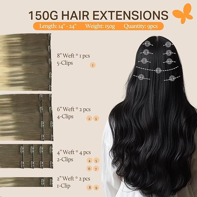DOORES Clip in Hair Extensions - Ash Brown to Platinum Blonde, 150g 9pcs 16 Inch Remy Human Hair, Natural Silky Straight Thick