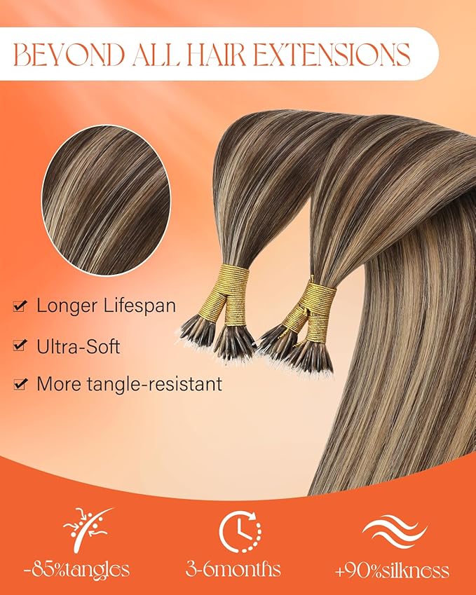 Sunny Hair 22inch Nano Bead Hair Extensions Human Hair Brown Blonde Nano Loop Hair Extension Long Straight Hair Nano Human Hair Extensions 50g