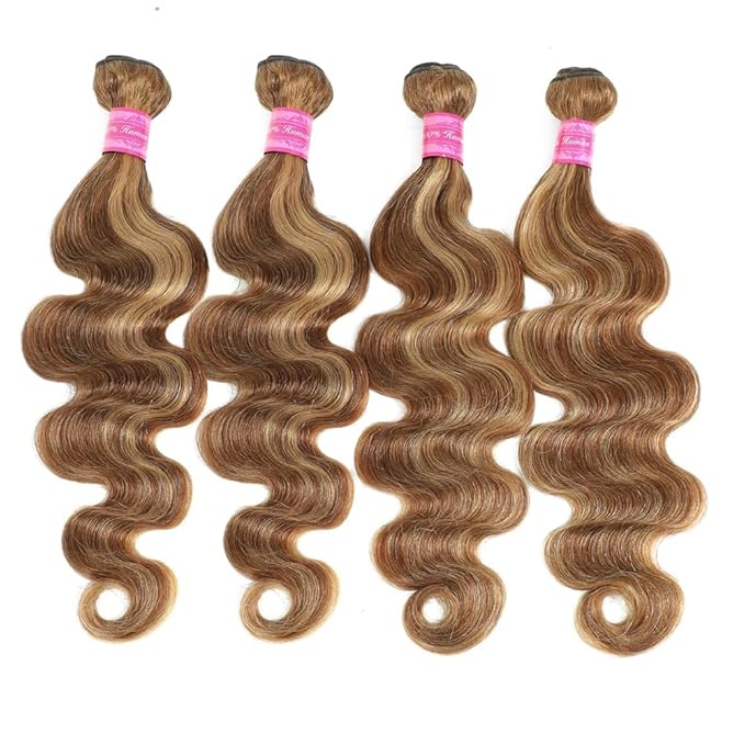 YISEA Ombre P4/27 Body Wave Bundles Human Hair (22 24 26 28 inch) 12A Highlight Dark Brown with Honey Blonde Mix Human Hair Body Wave Bundles Sew-In for Black Women Silky and Soft