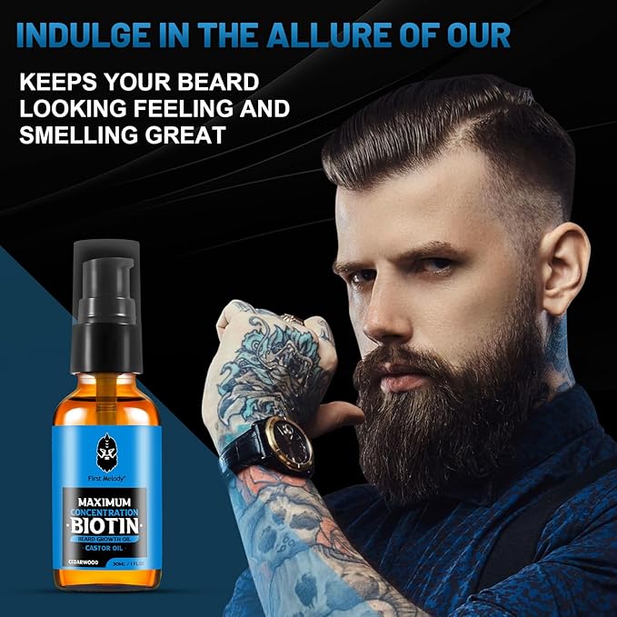 Beard Oil,Maximun Thickening Biotin, with Castor Oil and Argan & Jojoba Oils, Promotes Beard Growth, Styles, Strengthens & Softens Beards & Mustaches,1 Ounce*2(2 Pack)