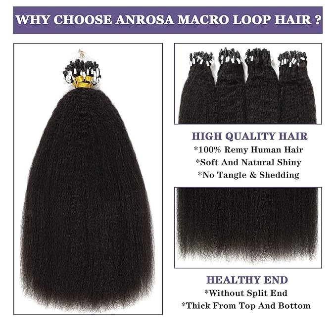 Anrosa Microlink Hair Extensions Human Hair Kinky Straight Micro Loop Hair Extensions 100% Brazilian Virgin Hair Cold Fusion Micro Rings Hair Extensions for Black Women 14 Inch 40g 50 Strands