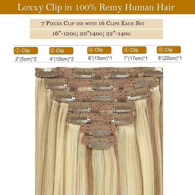 Loxxy 14 Inch Clip in Human Hair Extensions Light Brown Highlighted Platinum Blonde Color P#8/60A Thick Soft Silky Straight Remy Hair Clip In Extensions 7 Pieces 120 Gram