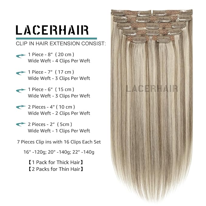 Lacer Clip in Hair Extensions Real Human Hair Golden Blonde Highlight Platinum Blonde Highlight Remy Human Hair Extensions Clip ins for Women 22 Inch 140g 7Pcs Natural Human Hair