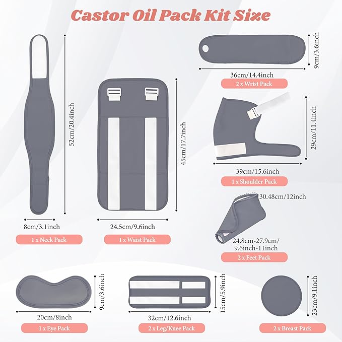 12 Pcs Castor Oil Pack Wrap-Grey, Castor Oil Pack Organic Cotton for Knees Shoulder Hands Neck Waist Chest and Feet, Adjustable Compress Pads for Entire Body