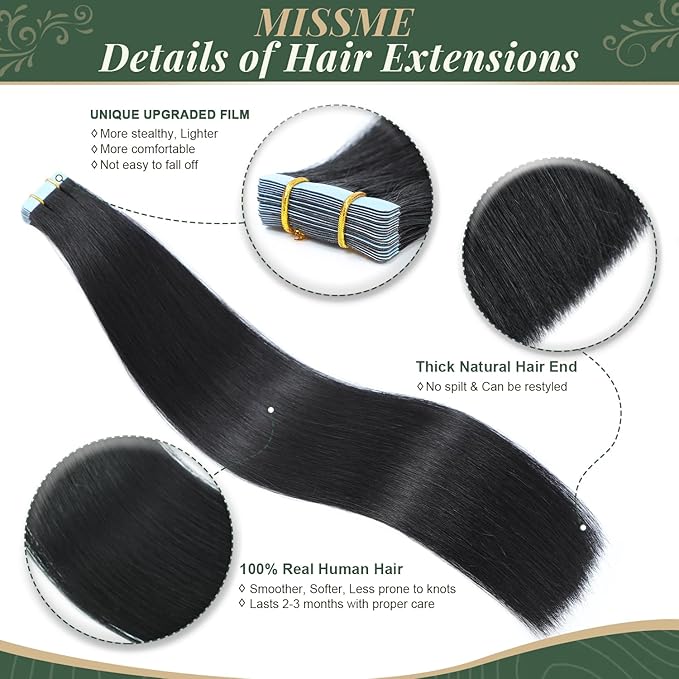 Missme Tape in Hair Extensions Human Hair 18 inch 20 Pcs 50g #1 Jet Black Tape ins Human Hair Extensions Remy Hair Skin Weft Seamless Invisible Silky Straight Thick Ends Add Length