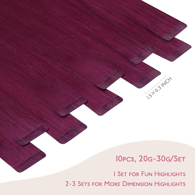 WENNALIFE Tape in Hair Extensions Human Hair Light Burgundy Tape in Extensions, 10pcs 25g 16 inch Remy Invisible Tape Ins Straight Colored Soft Real Human Hair Tape in Extensions Refill Set Extensions