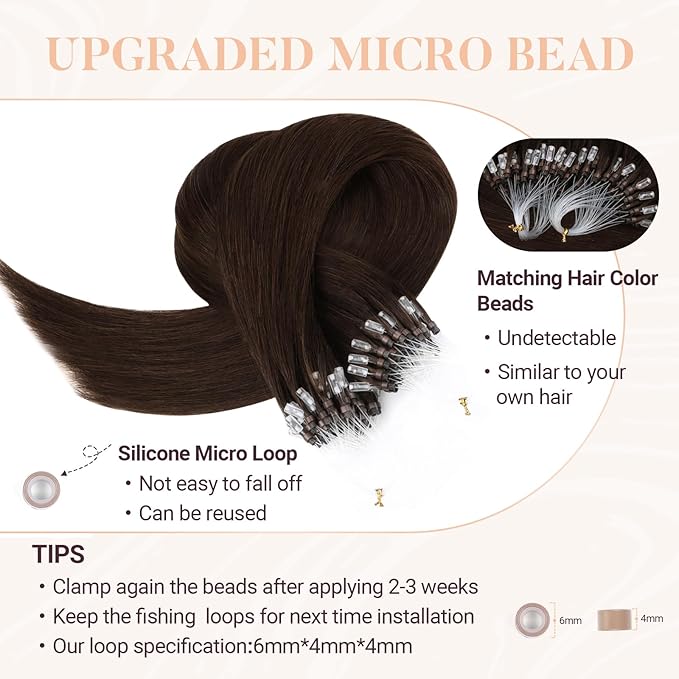 MAXITA Microlink Hair Extensions Human Hair, Chocolate Brown Micro Bead Hair Extensions Virgin Human Hair, 50g/50 Strands/Pack, 22 In