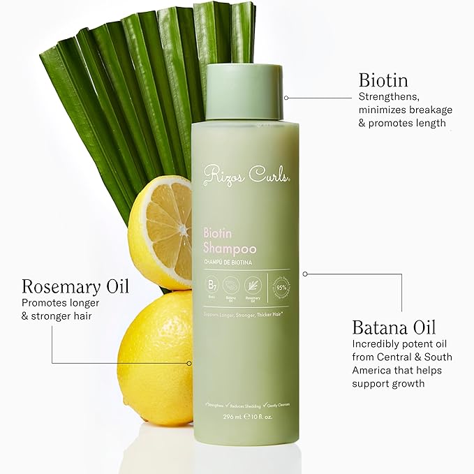 Rizos Curls Biotin Shampoo – Gently Cleanse, Strengthen & Nourish Hair with Biotin & Rosemary Oil – Reduces Shedding for Fuller, Healthier Hair – For all Hair Types 1a–4c – Sulfate & Paraben Free