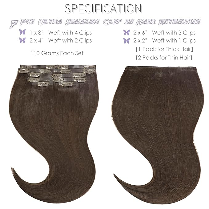 Lacer Hair Extensions Real Human Hair Seamless Clip ins Dark Brown Clip in Hair Extensions Silicone Weft Extensions 16 Inch Clip in Human Hair 7pcs 110g