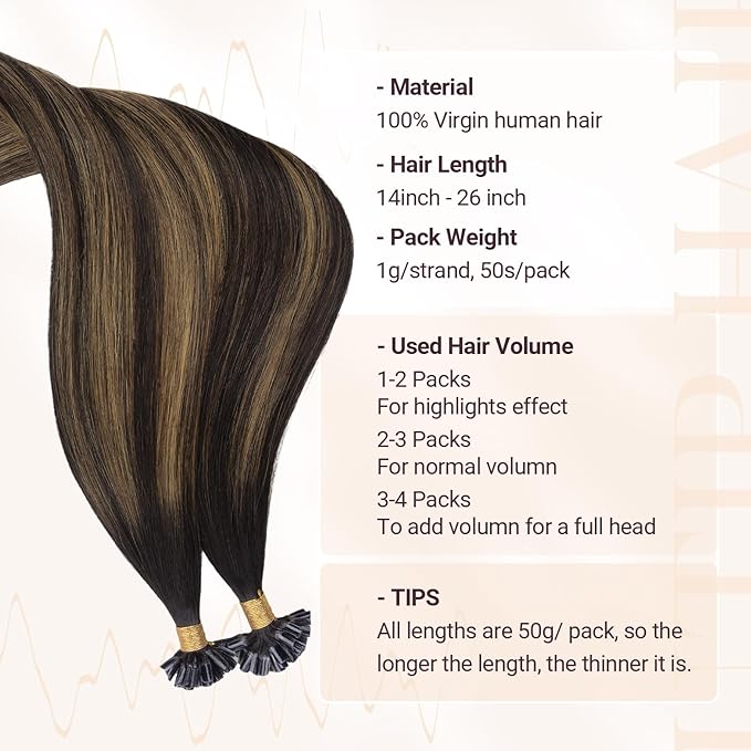 MAXITA U Tip Hair Extensions Human Hair, Balayage Dark Brown Mixed Chestnut Brown Virgin Human Hair Extensions Real Human Hair, 50g/50 Strands/Pack, 16 In
