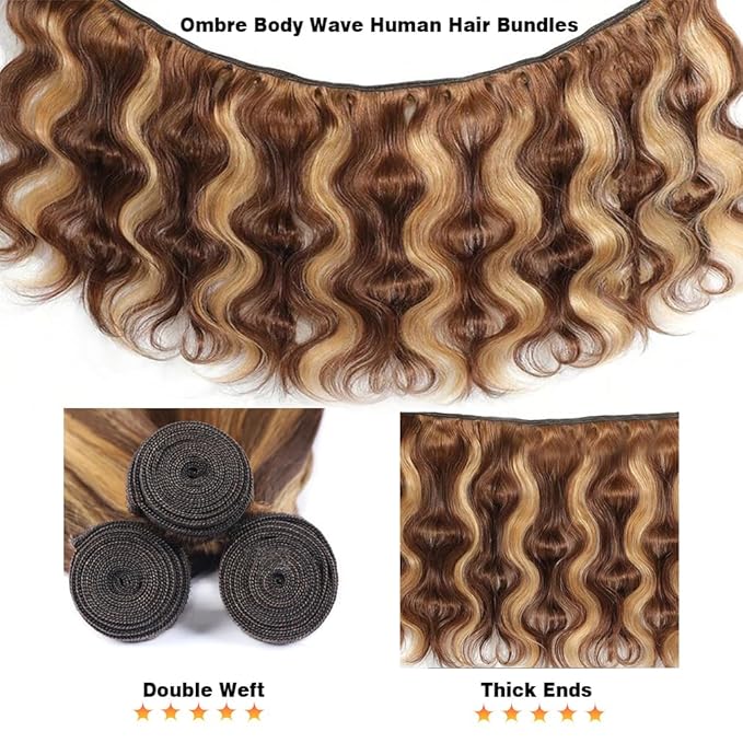 4/27 Body Wave Bundles Honey Blonde Human Hair Bundles Ombre Highlight 24 26 28 30 Inches Silky and Soft Hair Weft Brazilian Virgin Remy Hair Weave Piano Color for Black Women