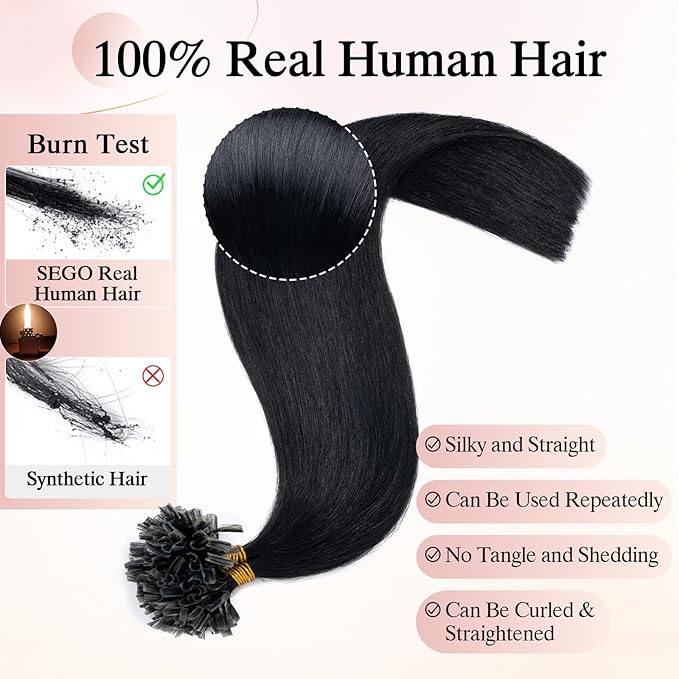 U Tip Hair Extensions Human Hair Pre Bonded Extensions Keratin Fusion Extensions K Tip Hair Extensions Real Human Hair Silky Straight Natural 50g/100 Stands 18" Jet Black