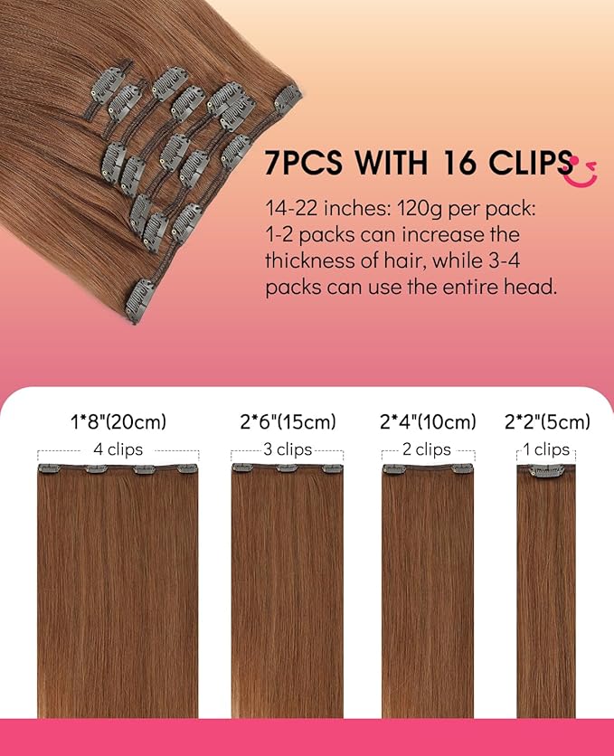 Youngsmile Human Hair clip in Extensions, Hair Extensions Real Human Hair Clip ins Double Weft Silk Straight Real Human Hair, 16 Inch 120 Gram 7 Pcs Auburn (CLIP#33-16Inch)