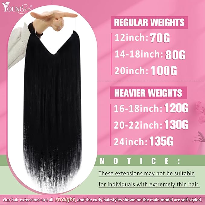 YoungSee 130G Wire Hair Extensions Black Wire Hair Extensions for Women Real Human Hair Fish Line Hair Extensions Jet Black Hair Extension With Invisible Wire 22Inch