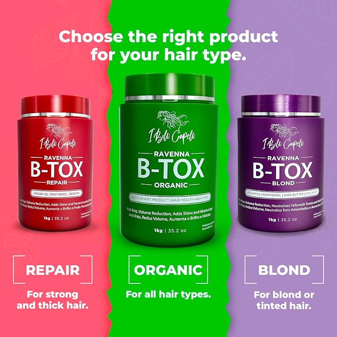 Ravenna Organic B-tox Hair Treatment Kit- 1kg/35.02 oz Hair B-tox + 300ml/10.1 fl.oz Anti-Residue Shampoo