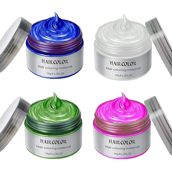 Temporary Hair Color Spray, Natural Hair Coloring Wax Material Disposable Hair Styling Clay Ash for Cosplay, Party, Masquerade, Halloween (Blue, White, Green, Pink, 1 Pack)