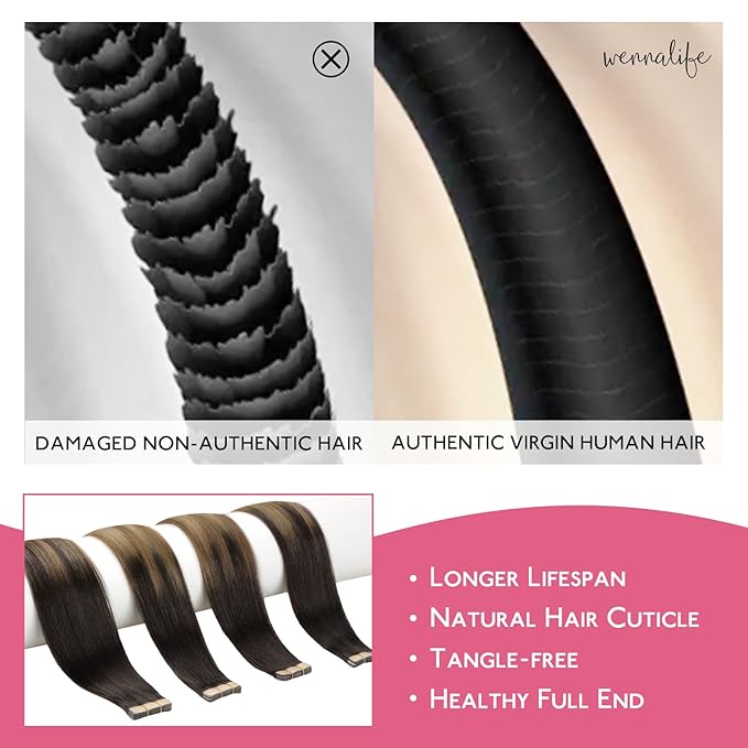 WENNALIFE Tape in Hair Extensions Human Hair Dark Brown to Chestnut Brown and Dirty Blonde Highlighted Tape in Extensions, 10pcs 30g 20 inch Remy Invisible Tape Ins Straight Colored Soft Refill Set