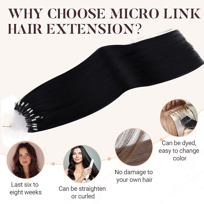 MAXITA Microlink Hair Extensions Human Hair, Jet Black Micro Bead Hair Extensions Virgin Human Hair, 50g/50 Strands/Pack, 14 In