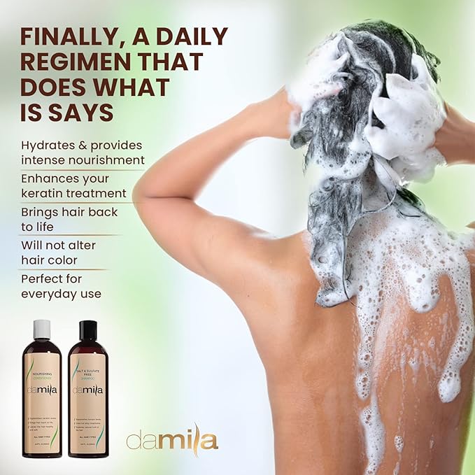 Damila Salt & Sulfate Free Shampoo & Conditioner for Keratin and Color Treated Hair - Professional Keratin Value Pack for Damaged, Frizzy, Curly, Dry & Thin Hair - Shampoo Sin Sal - 16.9 Fl Oz