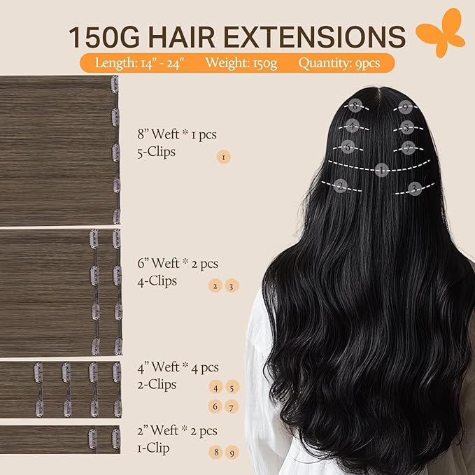 DOORES Clip in Hair Extensions, Light Ash Brown 150g 9pcs 24 Inch, Hair Extensions Extensions for Women Remy Hair Extensions Clip in Human Hair Natural Clip in Thick Silky Straight Hair Extensions