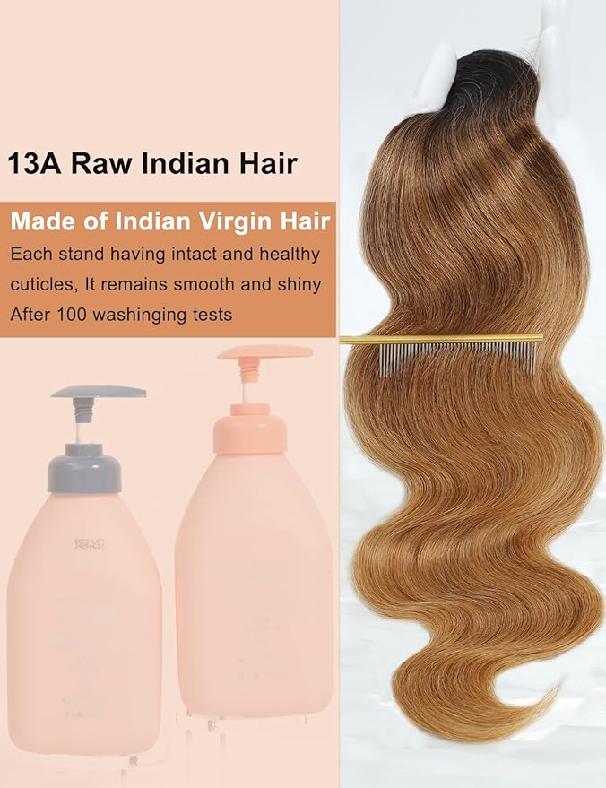Ombre Bundles Human Hair, 13A Raw Indian Hair Bundles Body Wave, 28 Inch Colored Honey Blonde 1B27 Ombre Human Hair Bundles, 2 Years Service Life, Keep Texture Silky Soft Tangle-Free