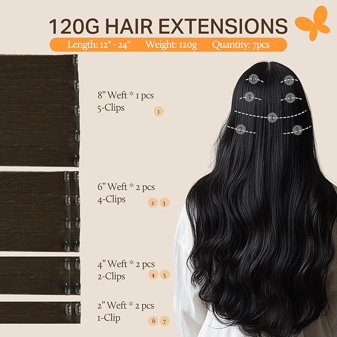 DOORES Human Hair Extensions Clip in, Dark Brown 120g 7pcs 14 Inch, Thick Silky Clip in Hair Extensions Remy Natural for Women Gift