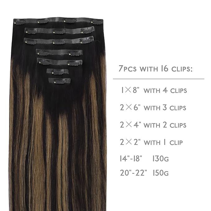 WENNALIFE Seamless Clip In Hair Extensions, 22 Inch 130g 7pcs Natural Black Mixed Chestnut Brown Hair Extensions Clip in Human Hair Invisible PU Skin Weft Natural Remy Human Hair Extensions