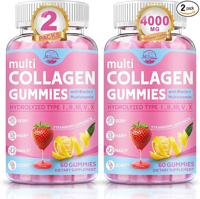 Multi Collagen Peptides Gummies, Type I, II, III, V, X - Hydrolyzed Collagen Peptides with Biotin, Hyaluronic Acid, Supports Healthy Skin, Strong Nails & Thick Hair, 60 Count, 2 Pack