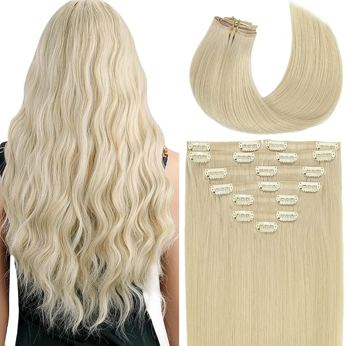Lacer Clip in Hair Extensions 20 Inch 8Pcs Blonde Clip in Hair Extensions 19 Clips Platinum Blonde PU Weft Seamless Extensions Clip in Human Hair 150 Grams