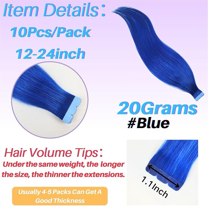 Blue Tape in Hair Extensions Real Human Hair Invisible Mini Human Hair Tape in Extensions Diy 20Inch 10Pcs Silky Soft Remy Hair for Party