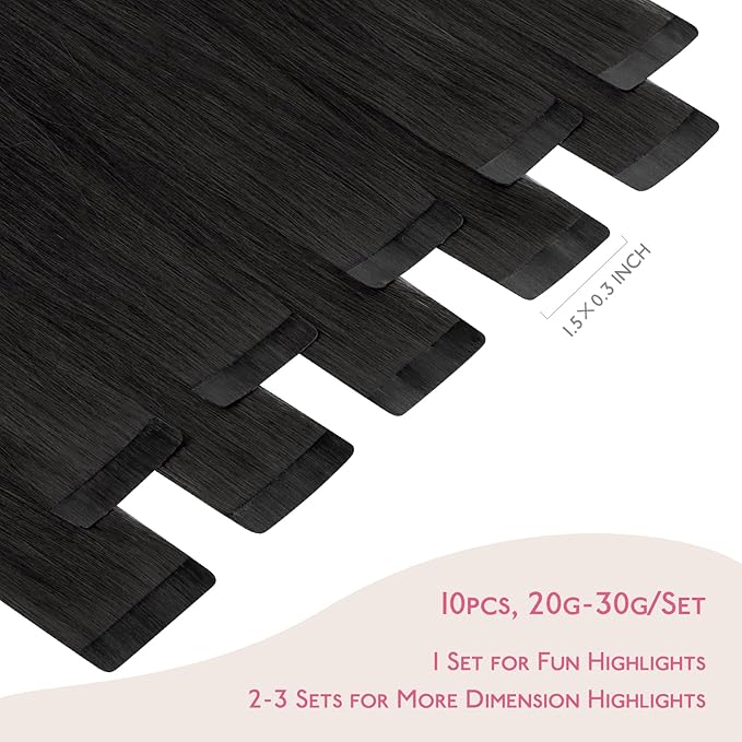 WENNALIFE Tape in Hair Extensions Human Hair Natural Black Tape in Extensions, 10pcs 20g 10 inch Remy Invisible Tape Ins Straight Colored Soft Real Human Hair Tape in Extensions Refill Set Extensions
