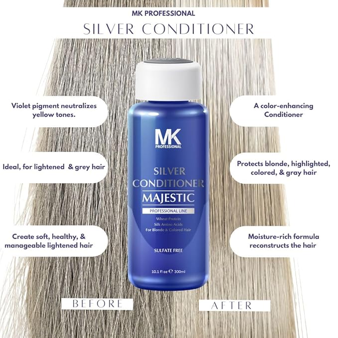 MK PROFESSIONAL Sulphate Free Silver Conditioner, Infused with Wheat Protein & Silk Amino Acids - For Blonde & Colored Hair, Repairs, Strengthens & Nourishes all Hair Types - 10.1 Fl Oz (300ml)